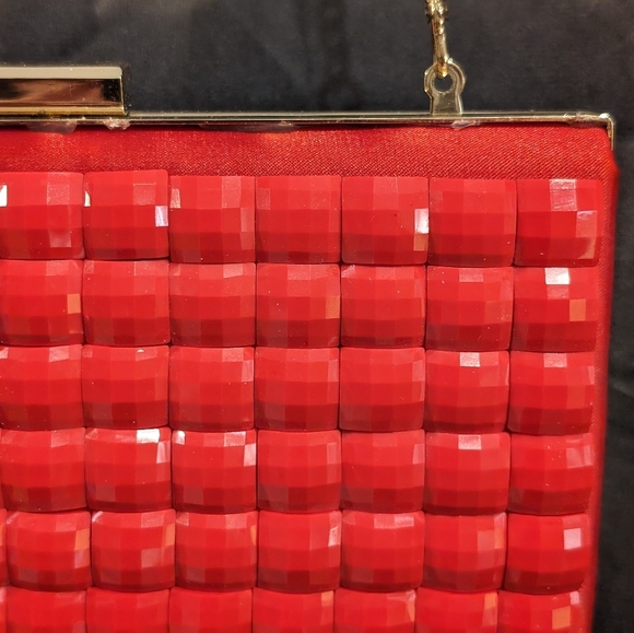 Red Satin and Acrylic Disco Ball Style Evening Bag with Gold Chain Strap - Picture 4 of 12